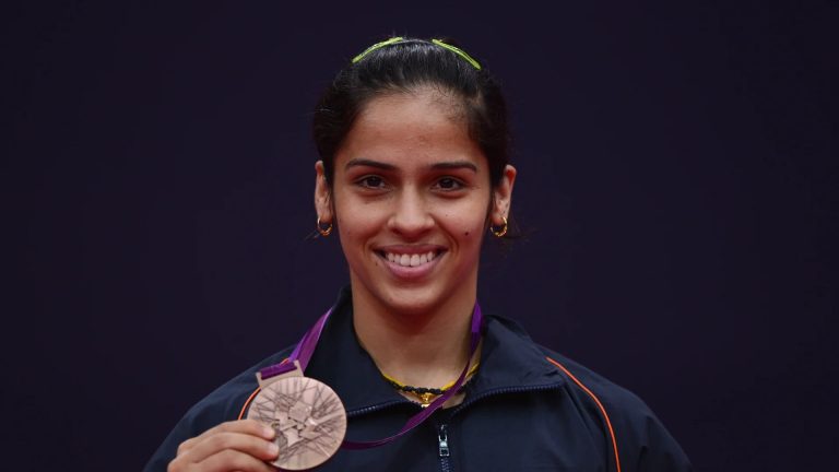 Saina Nehwal winning the Bronze medal at the London Olympics.