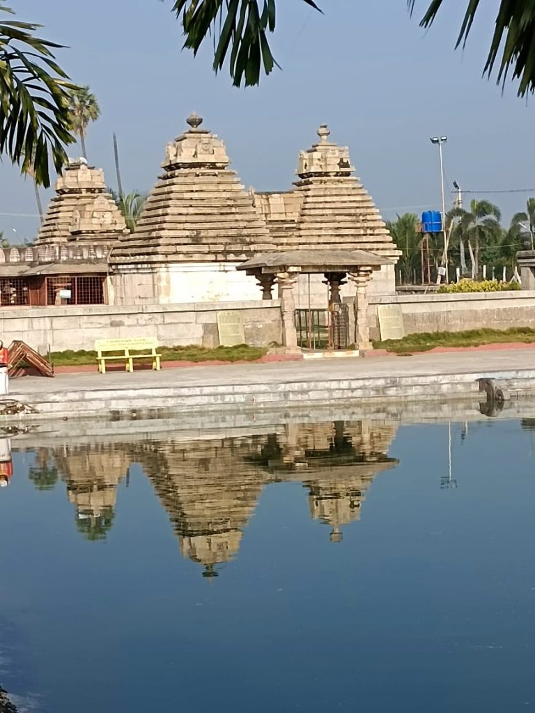 A reflection of the temple seen from the temple tank,Chaya Someshwara temple,Panagal.