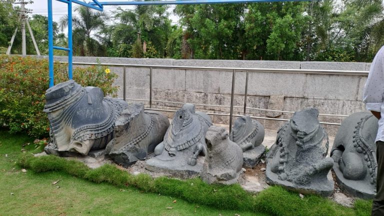 The Nandi's sculptures that have been destroyed during invasions,Panagal